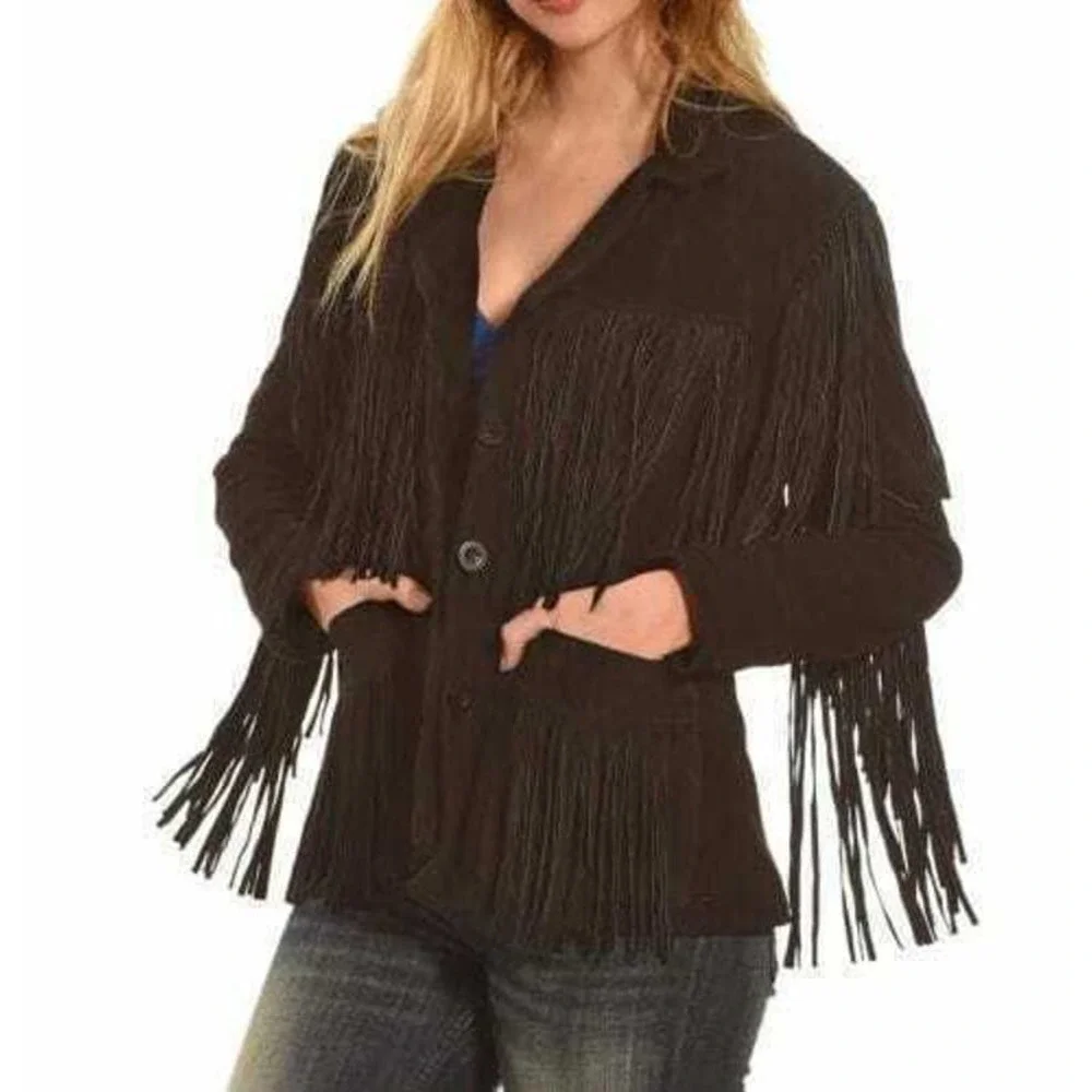 Vintage RENAISSANCE Western Fringe Black Leather / Suede Jacket Women's Size S